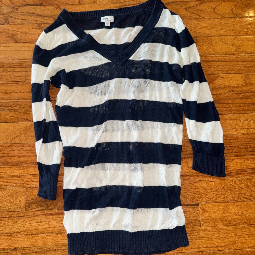 Mimi Maternity Navy and White Striped V-Neck Sweater Tunic